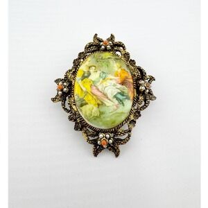 Vintage Cameo Brooch Womens Gold Victorian Portrait Floral Pearl Pin
